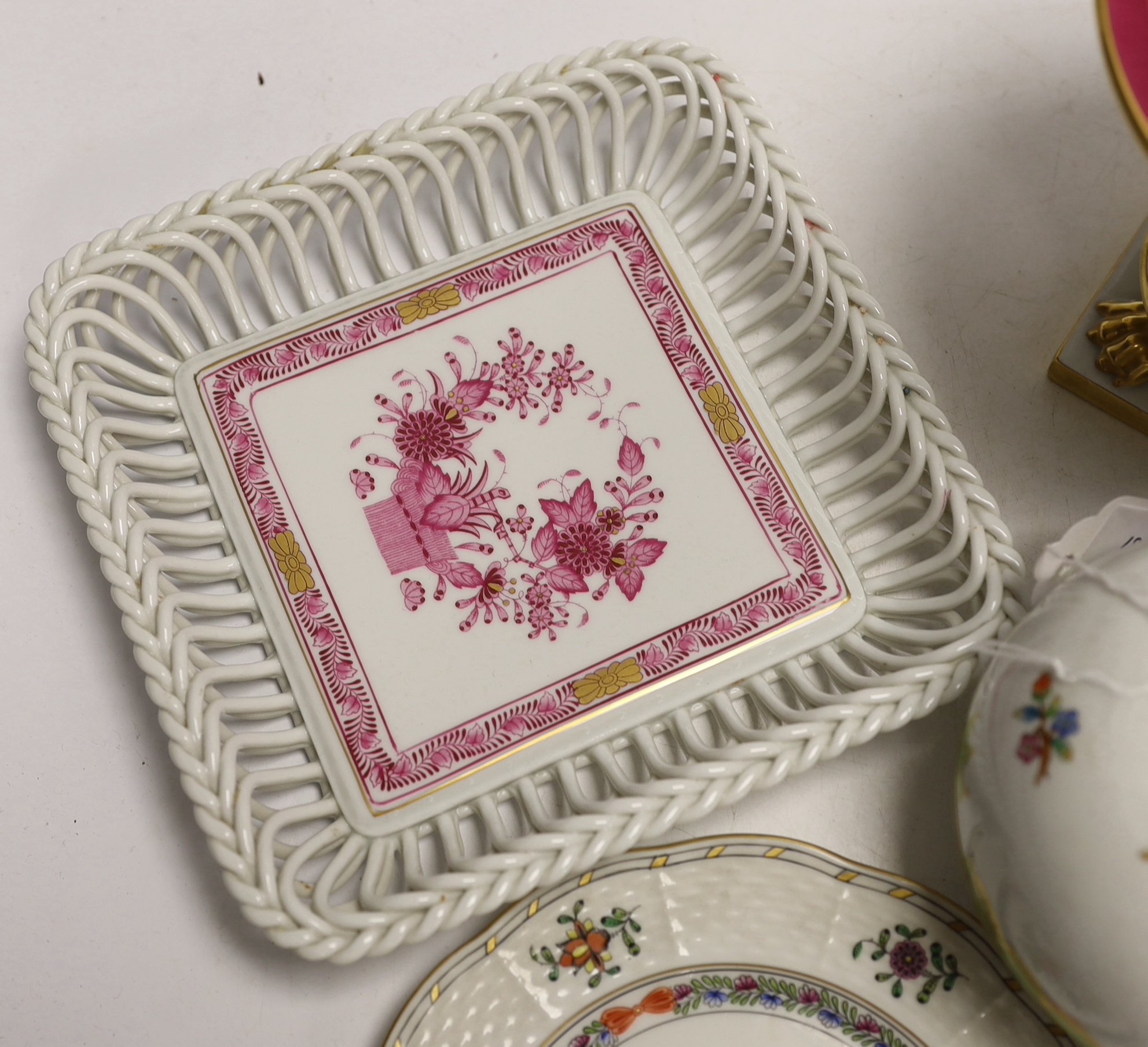 A group of Herend, Hungary porcelain wares including; a covered dish, tray, candlestick, two pedestal vases, boy on a goose, etc. tallest 13cm